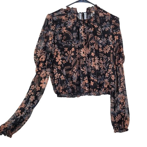 Free People Clarissa Printed Top in Midnight Long Sleeve High Neck Top XS EUC - Picture 3 of 8